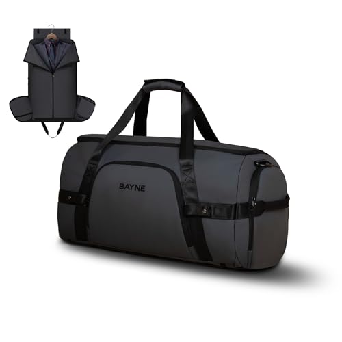 Image of Bayne Foldable Travel Duffle Bag for Men & Women - Convertible Carry On Luggage, Large Garment Organizer for Flights - 2 in 1 Hanging Suitcase Suit Travel Bag (Grey)