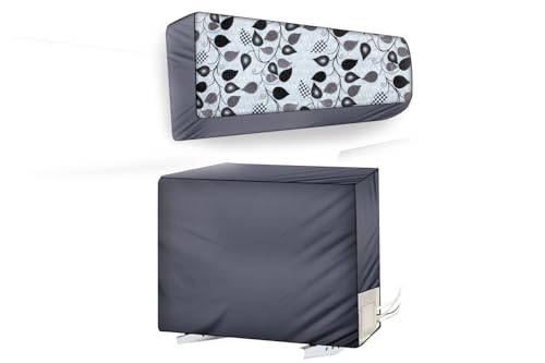 Image of The Furnishing Tree Split AC cover for indoor and outdoor unit of 2 ton waterproof and dustproof Grey Leaves pattern