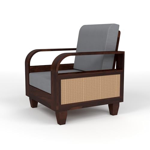 Image of KINGS HOME FURNITURE Sheesham Wooden 4 Seater Sofa for Living Room | Solid Wood Sofa with Rattan Cane Side Rack | Rosewood Sofa Set for Home & Office | Lounge (Walnut, 4 Seater)