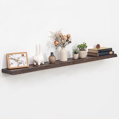 Image of Floating Shelves for Wall, 55 inchx9.3 inch Rustic Solid Live-Edge Elm Wood Wall Shelves, Heavy-Duty Floating Shelves with Invisible Brackets, Set of 2 for Living Room, Bedroom, and Kitchen, Walnut Finish