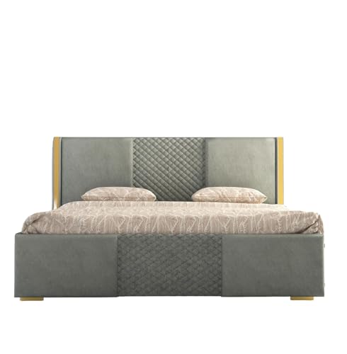 Image of Modern King Size Upholstered Bed with Padded Headboard | Platform Bed for Master Bedroom, Comfortable Back Support & Elegant Bedroom Furniture | Strong & Durable Solid Wood Frame | Grey