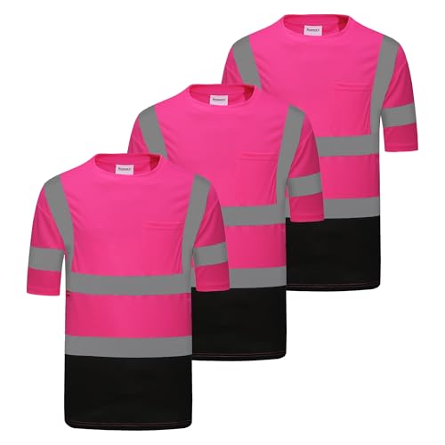 ProtectX 3-Pack High Visibility Short Sleeve Reflective Safety T-Shirt, Mens Heavy Duty Breathable Hi Vis Shirts, Class 2 Type R, Pink - X Large