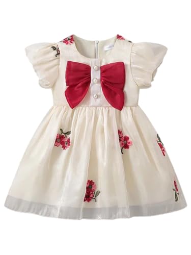 Image of Buy & Try Girls Silk Frock, Short Sleeve Knee-Length Floral Dress for Birthday & Festive Events with Comfortable Zipper Closure