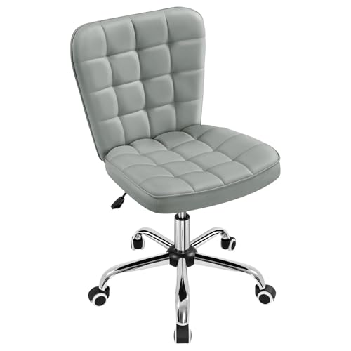 Yaheetech Armless Desk Chair Modern Tufted Office Chair Faux Leather Upholstered Computer Chair with Adjustable Seat Height and Rolling Wheels for Home/Office, Light Gray