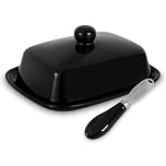 MEETOZ Ceramic Butter Dish with Lid, Large Rectangular Butter Dish, Vintage French Butter Holder for Counter, Kitchen Deco & Butter Storage (Black, Square)