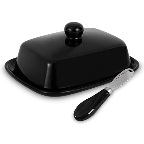 MEETOZ Mantequillera de cerámica con tapa, plato rectangular grande para mantequilla, soporte de mantequilla francés vintage para mostrador, decoración de cocina y almacenamiento de mantequilla (negro