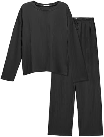 Ekouaer Womens Ribbed Knit Lounge Set Long Sleeve Top and Long Pants Sleepwear Pajama Set Two Piece Matching Set with Pockets