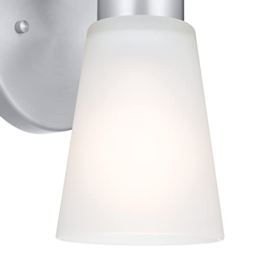Image of Kichler Stamos Wall Sconce 1-Light with Satin Etched Glass, Modern Bathroom or Hallway Light in Brushed Nickel, (8 inch H x 5 inch W x 6 inch D)