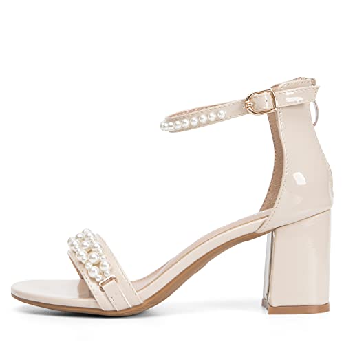 WOJWSKI Women's Heels Sandals for Women Open Toe Fashion Pearls Platform Heeled Sandals Ankle Strap Block Chunky Low Heel Pump Sandal Party Wedding Dress Shoe3