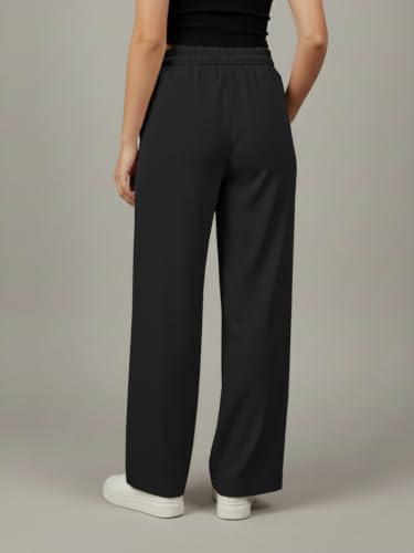 Image of Leriya Fashion Women Relaxed Fit Wide Leg Trousers | Malai Cottage Elastic Drawstring Wide Leg Pants for Women | Casual Straight Lounge Pants with Pockets | Stylish Everyday Office Outfit Bottom Pant