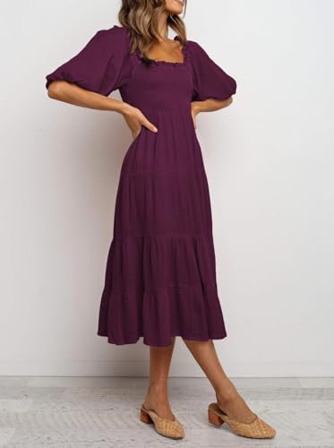 Image of R.Vivimos Women's Summer Cotton Lantern Sleeves Ruffled Off Shoulder A-Line Midi Dresses