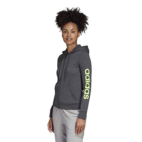 adidas womens Essentials Linear Hoodie Dark Grey/Signal Green Medium