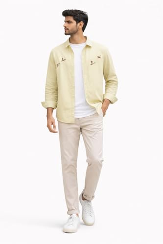 Image of Men's Cotton Blend Casual Wear with Bird Embroidery | Regular Fit Full Sleeve Button Down | Lightweight Summer Style for Daily, Office & Party