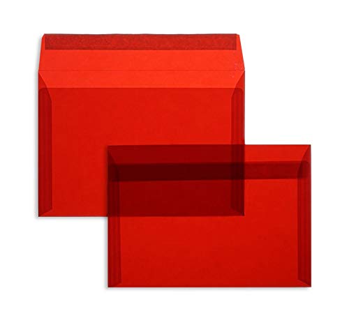 100 Stück, Farbige Transparente Briefumschläge, DIN C5, Haftklebung mit Abziehstreifen, Gerade Klappe, 92 g/qm Offset, Ohne Fenster, Rot (Transparent-Intensivrot), Blanke Briefhüllen