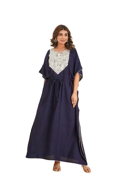 Elegant Mirror Work Kaftan for Women with Designer Neck & Adjustable Waist | Ethnic Wear. (Blue)-picture-54