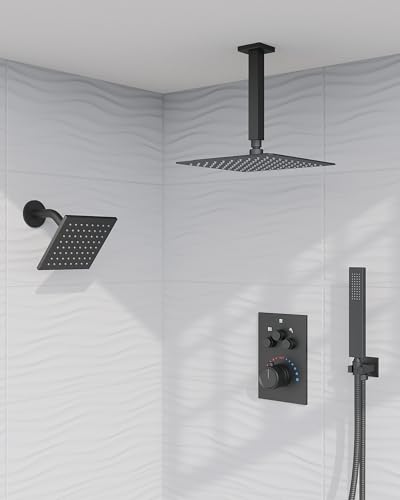 GRANDJOY Thermostatic Shower System, Dual Rainfall Shower Heads for Ceilling & Wall Mounted with Handheld Sprayer, Matte Black