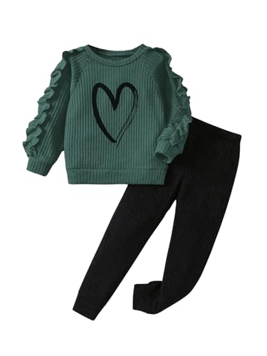 Image of RoseSeek Girl's 2 Piece Outfits Ruffle Trim Long Sleeve Graphic Sweatshirt and Leggings Clothing Set Green 6Y