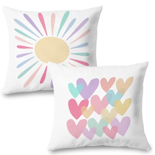 Supwhd Girl Nursery Pillow Covers 16x16, Boho Pastel Colorful Sunshine Hearts Pillow Covers for Kids Girls Room Playroom Nursery Classroom Decor, Classroom Pillow Covers, Set of 2