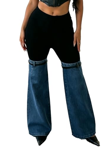 Nihsatin Women's Two Tone Denim Patchwork Flared Pants High Waisted Color Block Bell Bottom Jeans Pants