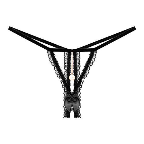 Genérico Bragas Tanga de Encaje Transparente para Mujer con y Diseño Abierto de Tiro Bajo (Black, One Size)