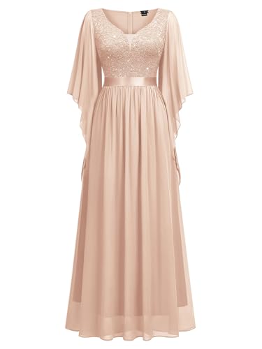 Image of Miusol Women's Deep-V Neck Lace Contrast Sequin Formal Evening Maxi Dress
