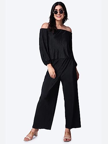 Image of POPWINGS Casual Wrinkle Full Sleeves Off-Shoulder Top and Palazzo Co-ord Set for Women || Co-Ords Set for Women Stylish Western || Top and Palazzos Set for Women|| 2 Piece Set for Women