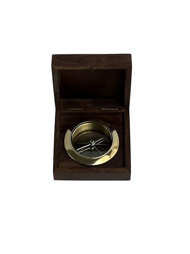 Brújula de latón con estuche de madera – 10 x 10 x 4 cm – Brújula náutica vintage para navegación marina miniatura 1