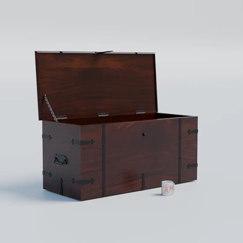 Image of Solid Sheesham Wood Trunk Box For Storage Wooden Center Coffee Table for Living Room Decor | Multipurpose Wooden Center Table With Storage Box Cabinet with Iron Fittings | Walnut Finish