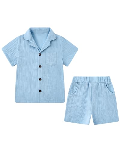 Image of Coco&RARA Toddler Baby Boys Clothes Button-down Shirt Infant Outfits with Pockets + Shorts 2PCS 0-4T
