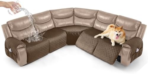 Timeles Waterproof Velvet Reclining Corner Sectional Couch Covers Extra Large L-Shaped Recliner Sofa Slipcover Without Backrest Thick Soft Washable (Light Brown, Seat-Only: 5-Seat)