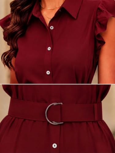 Image of OOMPH! Women's Shirt Midi Dress | Ruffle Sleeves | Button-Down Front | Waist Belt Detail | Collared Neck Casual & Vacation Dress