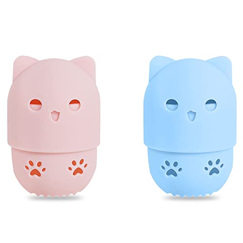 2 Pièces Eponge de Maquillage de Silicone de Chat, Porte-Éponge en Forme de Chat, Lavable Et Réutilisable, Convient à La Maison, Aux Sorties, Aux Voyages,...