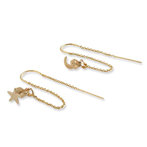14K Gold Filled Double Piercing Earrings Star And Moon Chain Earrings For Women Second Hole Threader Earrings Second Piercing Two Hole Gold Dangle Earrings Unique Thread Earrings #TOP5