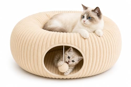 Tierschatz Katzentunnel Katzen Tunnel Bett Katzenhöhle Kuschelbett Katzenhaus Höhle Spielzeug Indoor modernisiertes Katzenspielzeug kreisförmiger Tunnel für Katzen Grau und Beige (beige)
