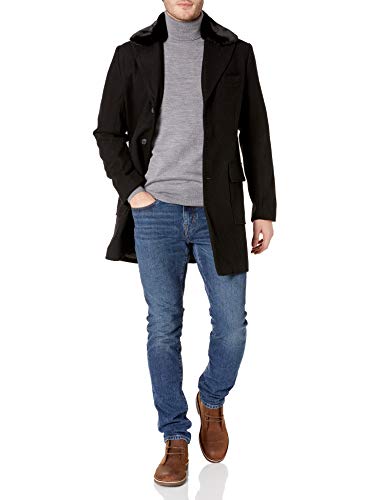 Sean John Men's Textured Wool Coat with Faux-Fur Collar, Black, Large