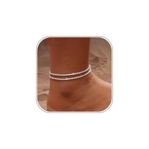 Tasiso Gold/Silver Ankle Bracelets for Women 14K Gold Anklets for Women Waterproof Sparkly Chain Rhinestone Anklets Set Stackable Layered Anklet Bracelets for Women Beach Gold Jewelry Gift