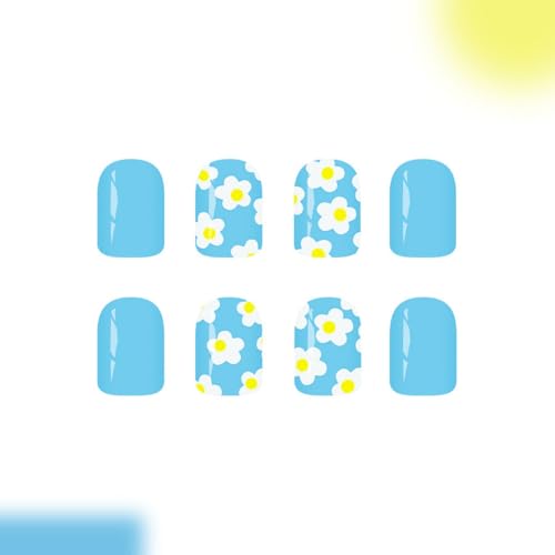 Image of 24Pcs Blue Press on Nails Flower Fake Nails Short Square False Nail Spring Floral with Design Glossy Full Cover Stick on Nail for Women Manicure