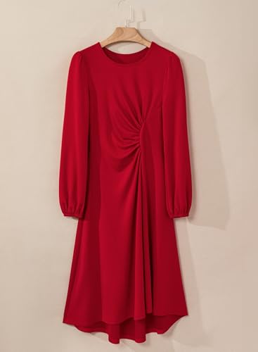Image of Happy Sailed Women's Long Sleeve Ruched Waist Flowy A Line High Low Midi Cocktail Party Dress
