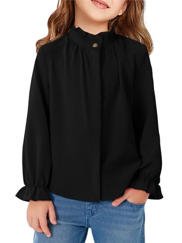 Image of Haloumoning Girls Ruffle Long Sleeve Blouse Kids Button Down Uniform Dress Shirts 5-14 Years