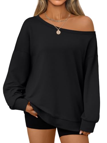 AUTOMET Off the Shoulder Tops for Women Oversized Sweatshirt Fall Outfits 2025 Y2k Clothes Fashion Clothing Trendy Top Black L