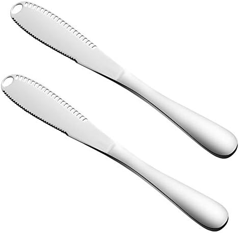Voloker 3 in 1 butter knife, multi-function stainless steel butter curler & spreader with serrated edge, shredding slots for cutting vegetables fruit cheese, 2 pack silver