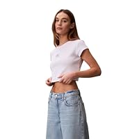 Calvin Klein Jeans Women's Monologo Baby Rib Tee, White, Medium - Stretch Comfort, Versatile Style