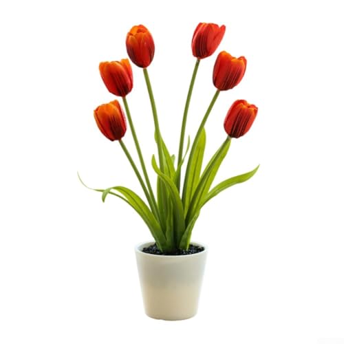 Honseadek Plantas artificiales vibrantes de tulipán en maceta para decoración del hogar, boda y fiesta con material de flores de seda y diseño elegante (rojo)