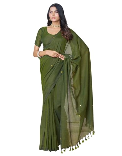Image of SIRIL Women's Cotton Linen Sequence Saree With Unstitched Blouse Piece