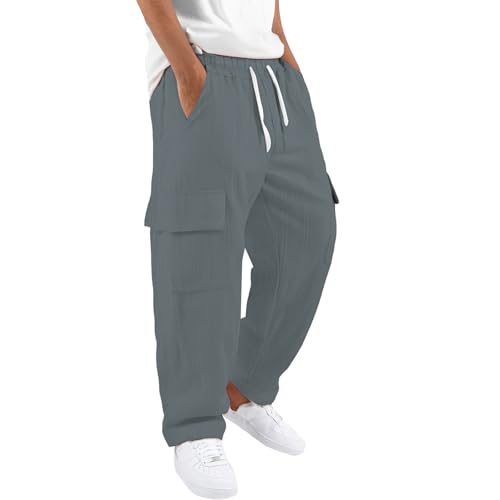 Cotton Linen Cargo Pants for Mens Elastic Waist Drawstring Straight Leg Trousers Casual Baggy Summer Pant with Pocket2