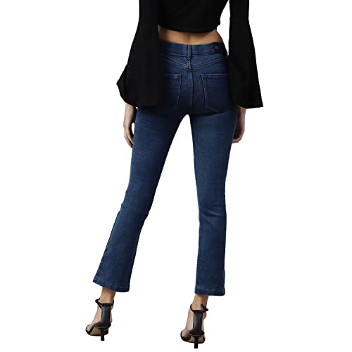 Image of Blue wash 5-Pocket high-Rise Cropped Bootcut Jeans, Clean Look, no Fade, has a Slip-On Closure, and Waistband with Belt Loops
