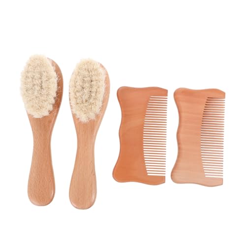 BIUDECO Baby Head Care Kit 4pcs Beech Wool Brush Set Cat Ear Comb Scalp Grooming Wood Woolen Safe for Infants