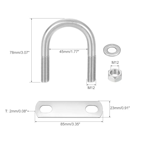 Image of uxcell Round U-Bolts, 4 Sets 45mm(1.77 inch) Inner Width 78mm Length M12 304 Stainless Steel U Clamp Bolt with Nuts and Plates, for Boat Trailer