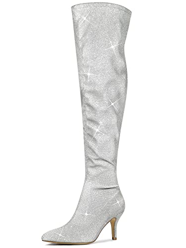 Allegra K Women's Glitter Pointed Toe Stiletto Heels Over the Knee High Boots