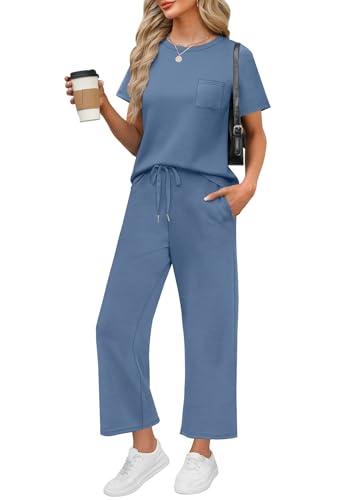 Image of WIHOLL 2 Piece Sets for Women Casual Summer Travel Vacation Outfits Short Sleeve Wide Leg Crop Pants Lounge Sets